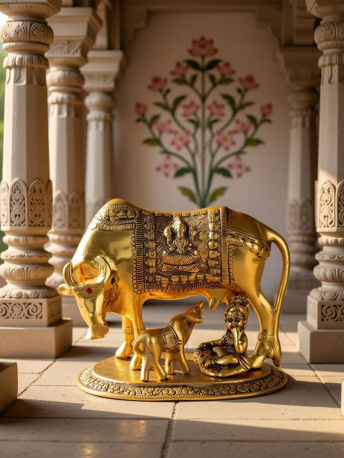 Image of Chhariya Crafts Metal Krishna With Religious Kamdhenu Cow with Calf Handmade Handicraft for Home Decor Gift Item Decorative Showpiece - 14 cm