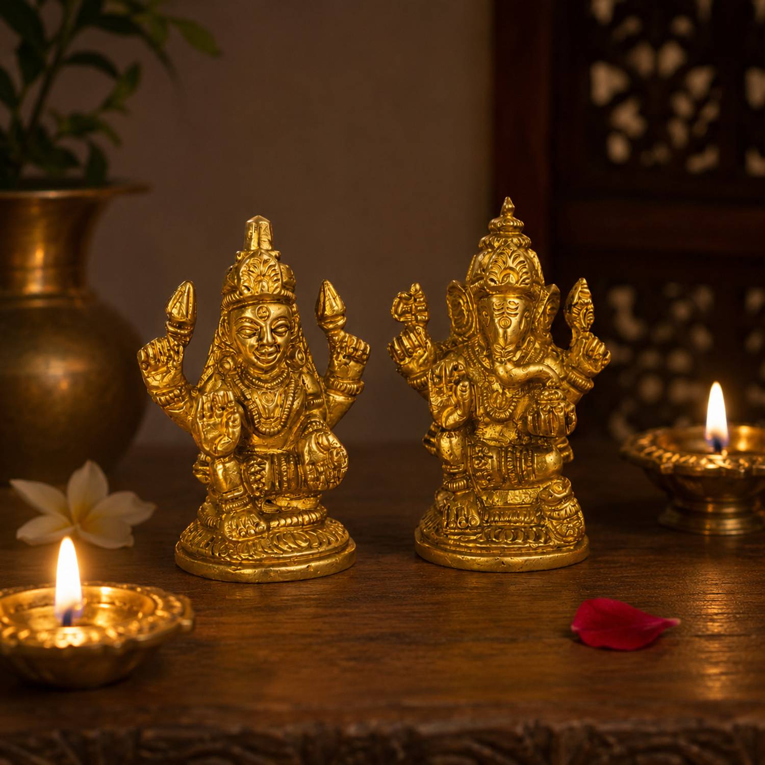 Aakrati Lakshmi and Ganesha Pair of Brass Decorative Showpiece - 5 cm