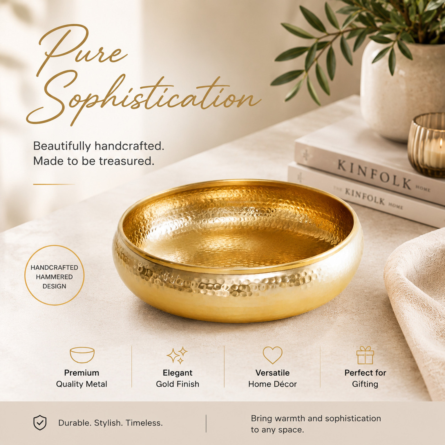 Image of BrassIndustry Handcrafted 8 Inch Hammered Metal Gold Urli Bowl for Decor Decorative Showpiece - 6.35 cm