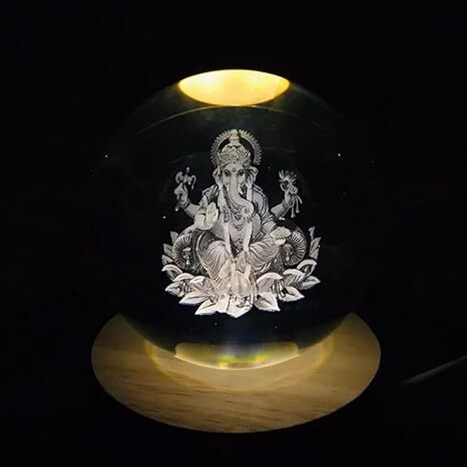 Image of tej 3D Crystal Ganesh Ji Lamp Engraved LED Globe Lamp, USB Wooden Base Decorative Showpiece - 6 cm (Crystal, Clear)