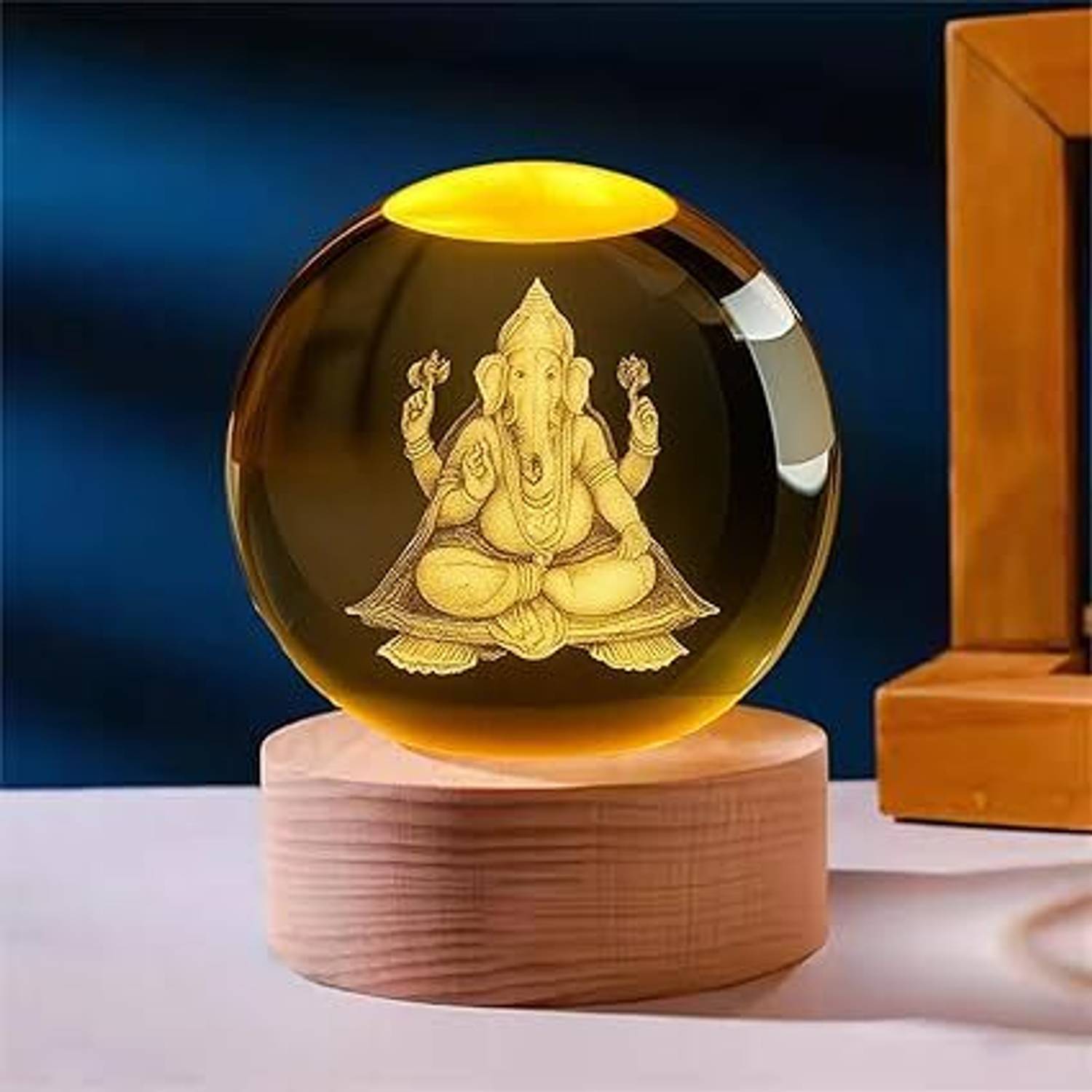 NightLamp Ball Night Lamp – Ganesh Ji LED Light with Wooden Base – USB Powered for Home Decorative Showpiece  -  5 cm