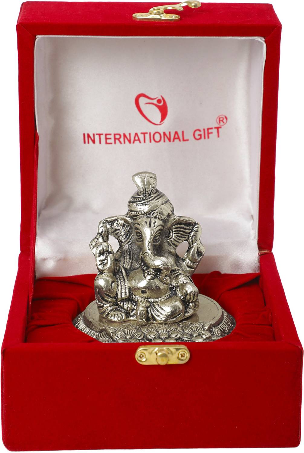 INTERNATIONAL GIFT Silver Plated Pagdi Ganesh Idol With Box & Bag | For Pooja, Mandir Decorative Showpiece  -  16 cm