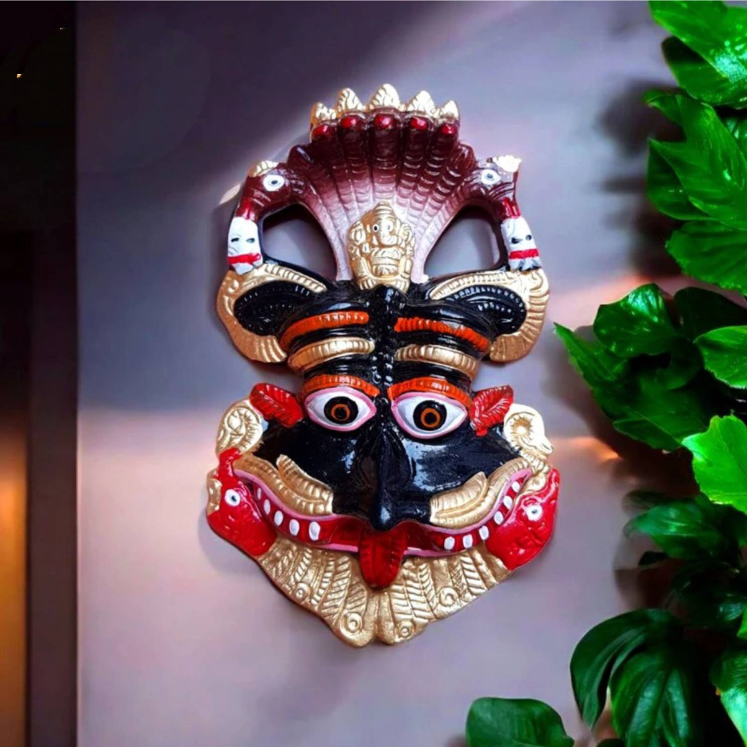 BHM Collection Kirtimukha with Sheshnaag & Ganesha Wall Hanging, Nazar Battu Surakhsha Kavach Decorative Showpiece - 15 cm