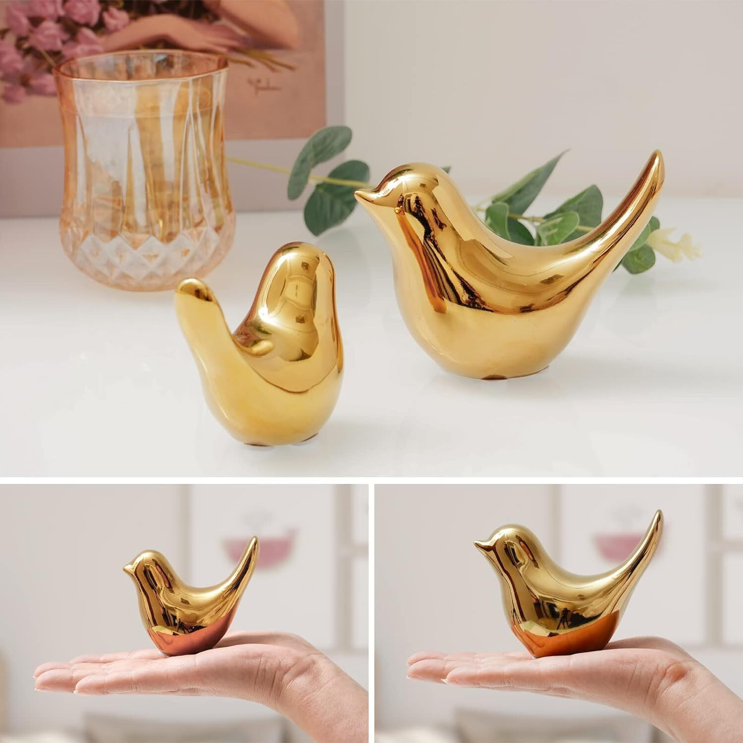Image of ROHENIX Golden Bird Figurines Set of 2 Modern Polished Gold Ceramic /Resin Decorative Showpiece - 15 cm