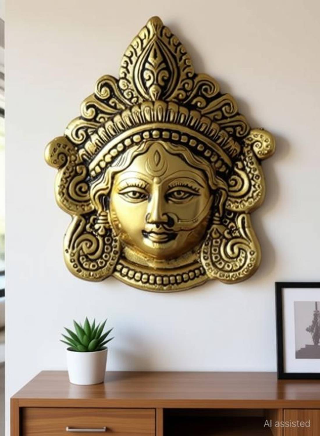 amishi blissful decor Amishi blissful decor Metal Goddess Durga Face Showpiece Wall Hanging Maa Durga maa durga Mask Idol Statue for Office Home Decor Evil Eye Protection maa durga Puja Antique Gold Color Decorative Showpiece  -  16 cm