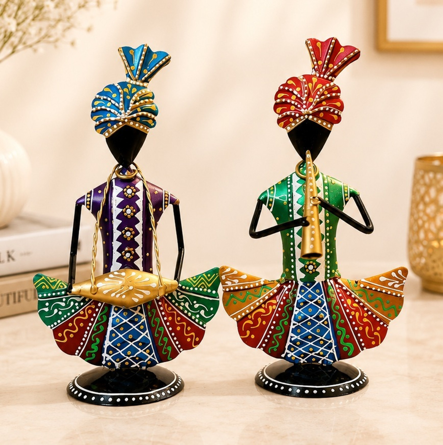 Image of Handicrafy Metal Rajasthani Sitting Musician Pair Decorative Showpiece - 23 cm