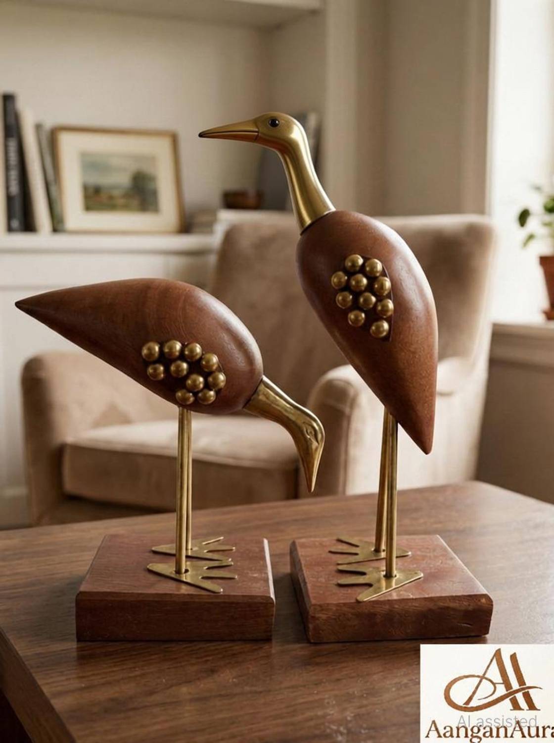AanganAura Decorative Couple Ducks/Crane Wooden Showpiece for Home Decor Decorative Showpiece - 17 cm