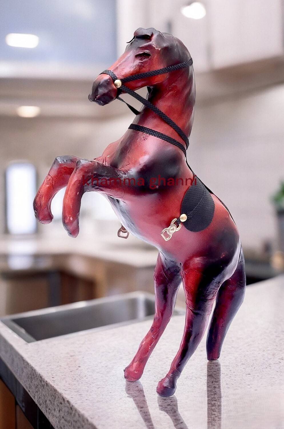 BADGOTI Wooden horse showpiece Rajasthani Wooden Leather & Suede Standing Figurine Decorative Showpiece - 15.6 cm