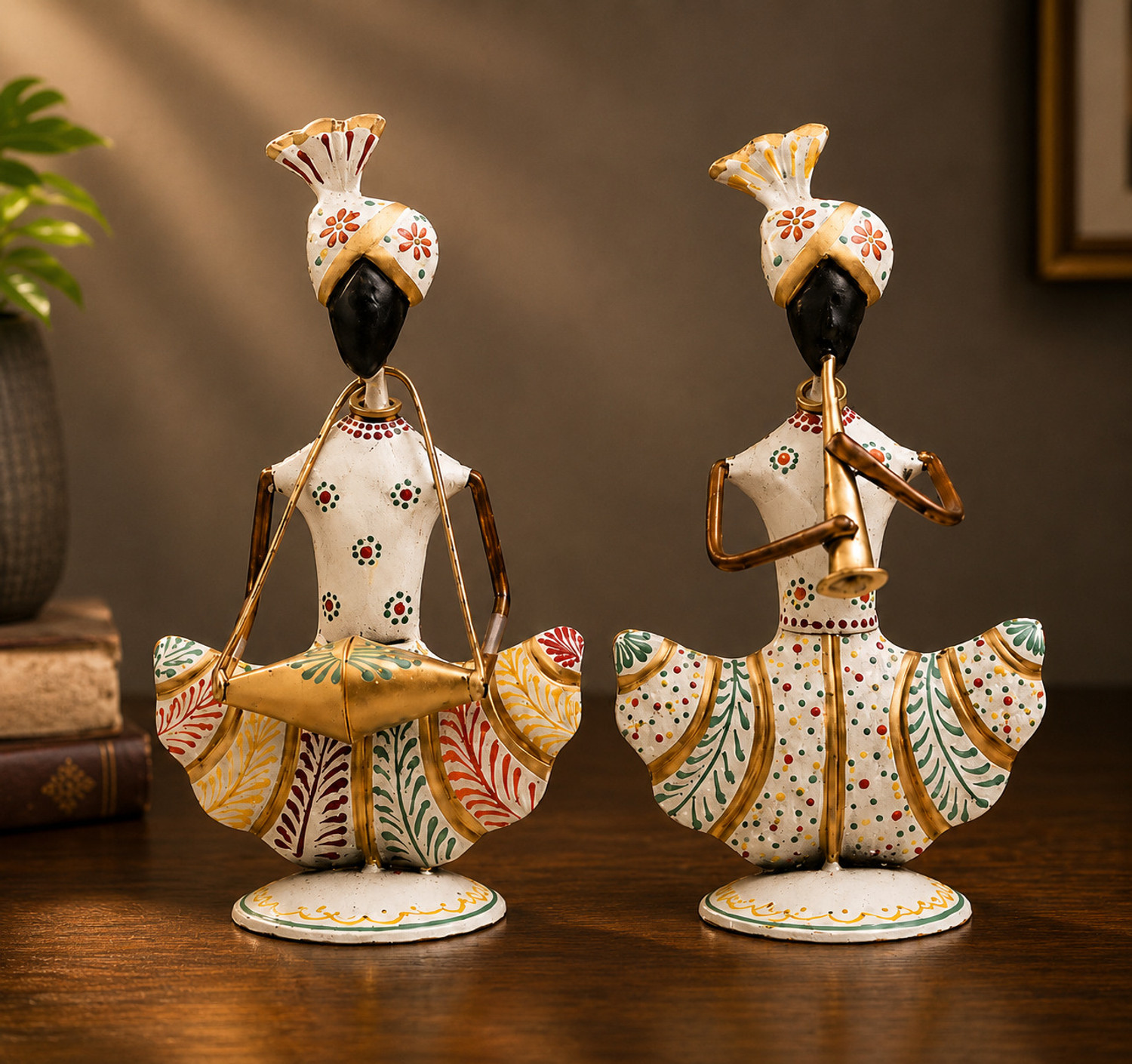 Image of Handicrafy White Metal Rajasthani Musician Pair Decorative Showpiece - 23 cm