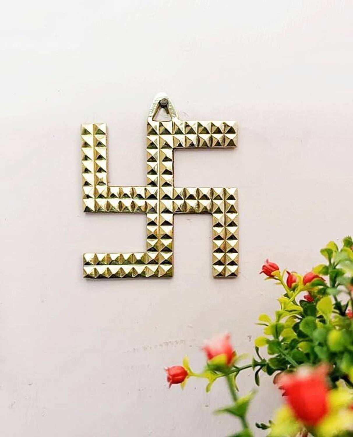 amishi blissful decor Brass Metal Vastu Swastik Pyramid for Hanging Symbol for Mandir Pooja Home Decor Decorative Showpiece  -  11 cm