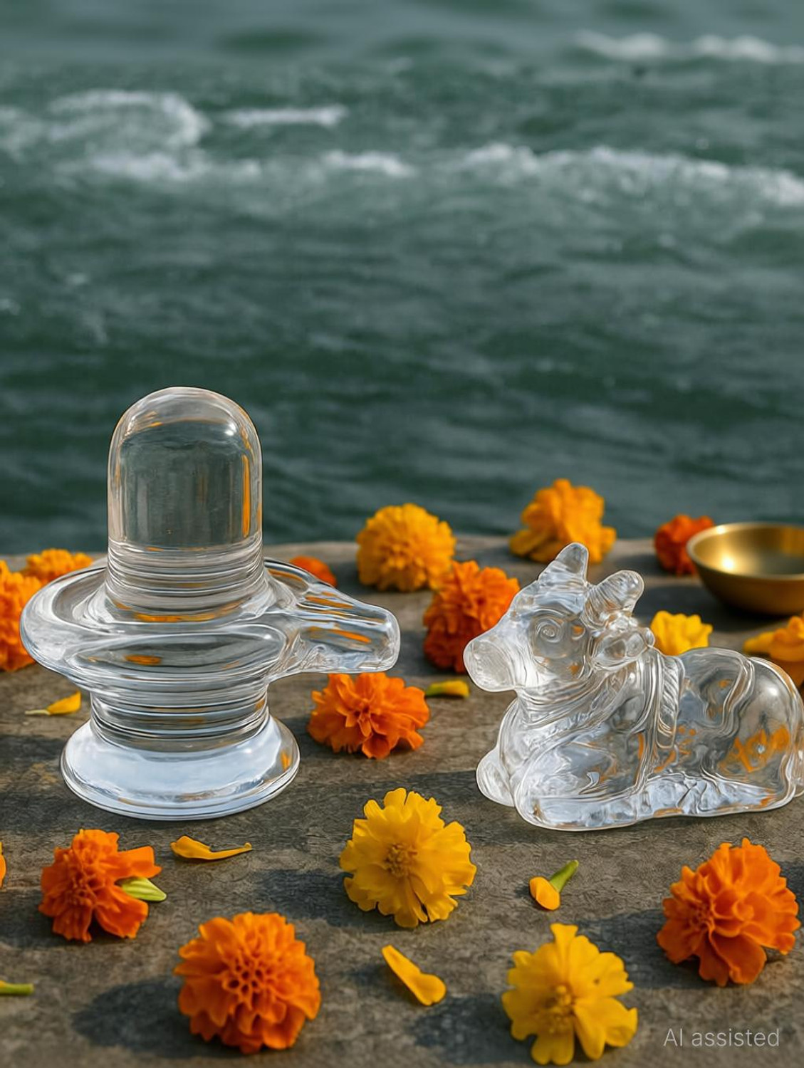 Image of Neash Enterprises Natural Crystal Sphatik Shivling with Nandi for Puja,Home Decor, Car Dashboard Decorative Showpiece - 5 cm