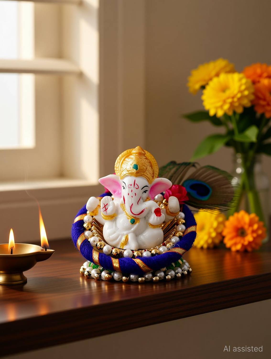 Artisyn Lord Ganesha Idol on Decorative Handcrafted Floral Plate for Home and Car Decorative Showpiece - 7 cm