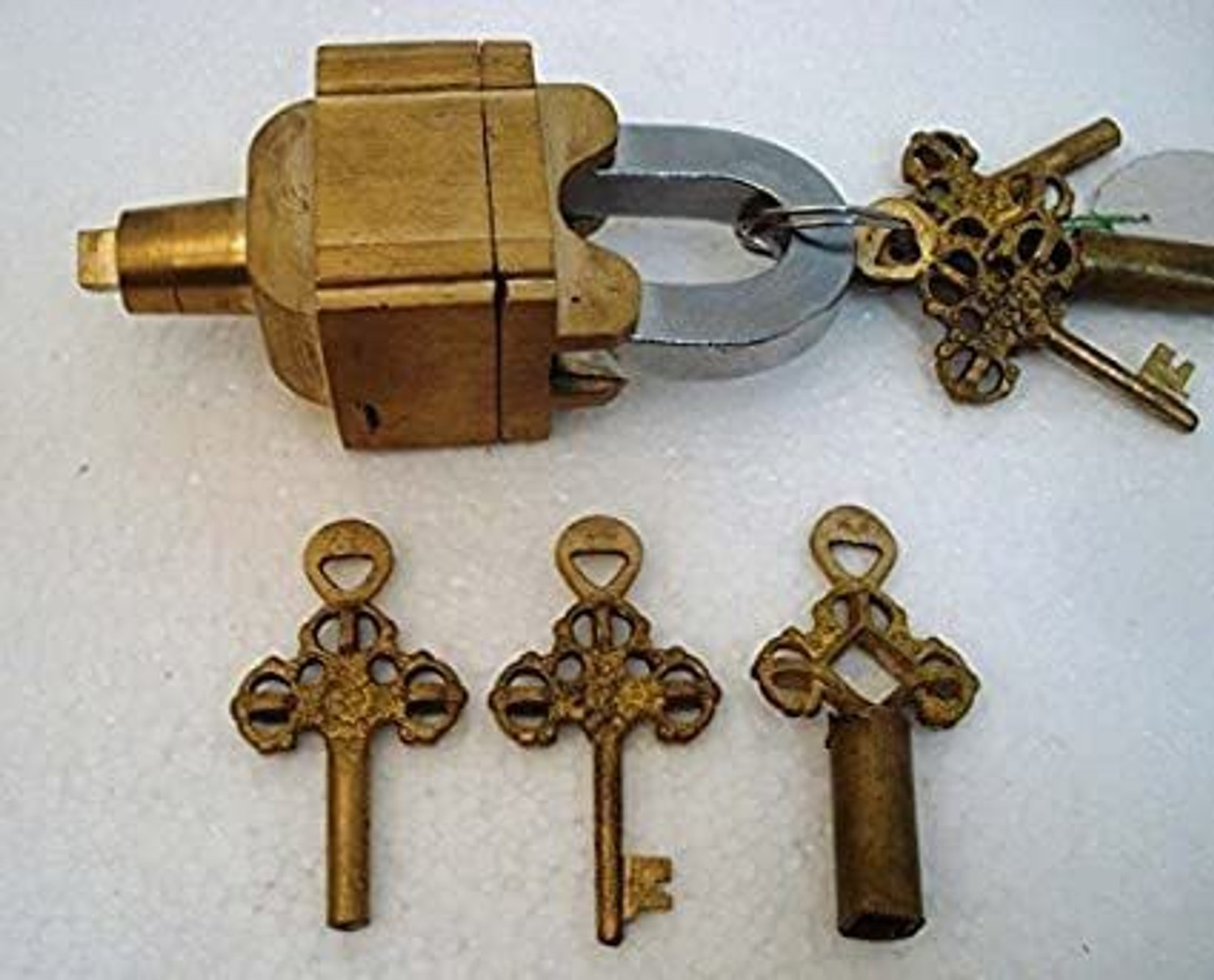 Image of SMW Home Garden Brass Finish 6 Key Square Trick Puzzle Padlock with Keys Decorative Showpiece - 10 cm