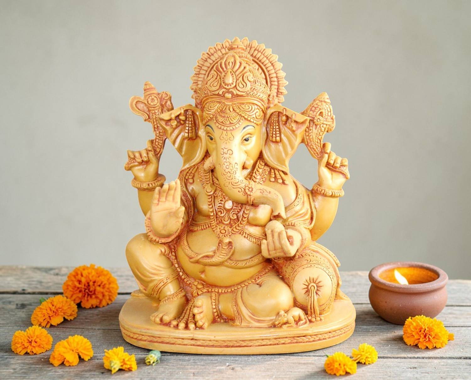 Antiques Nirmala Brown Resin Sitting Ganesh Statue for Home Decoration Table Decoration Decorative Showpiece - 18.75 cm