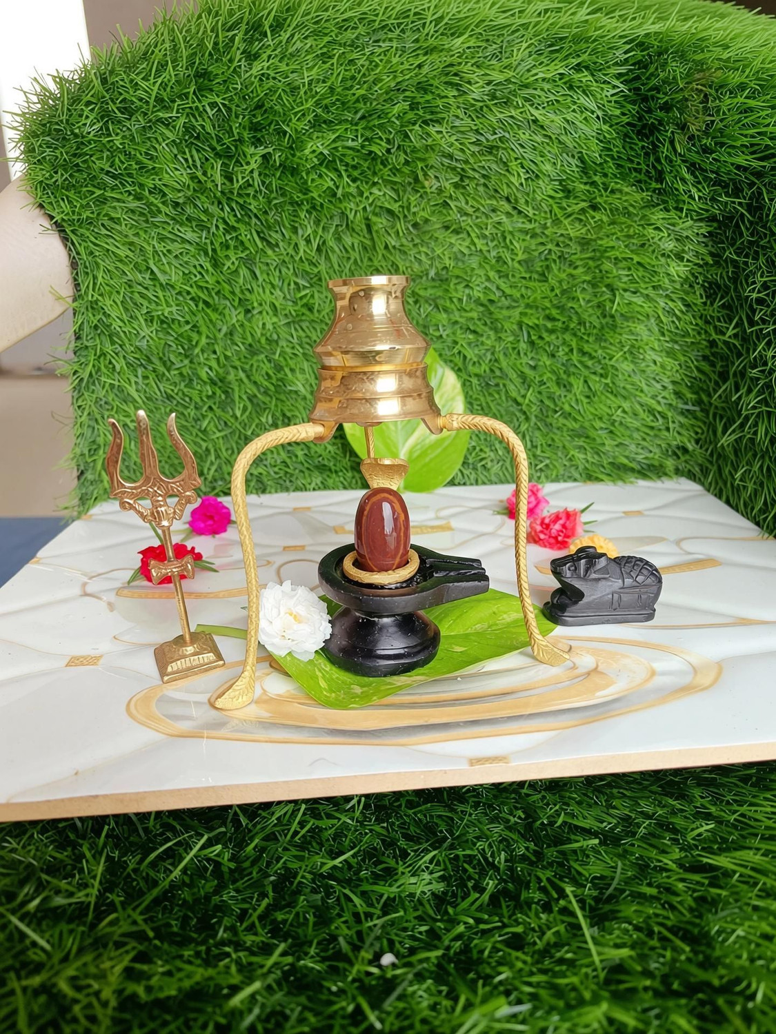 Image of SHIVLING Narmda Stone Shivling,Damru Stand Jaldhara,Nandi,Nag,Trisul,Jalpatra Set Decorative Showpiece - 5 cm