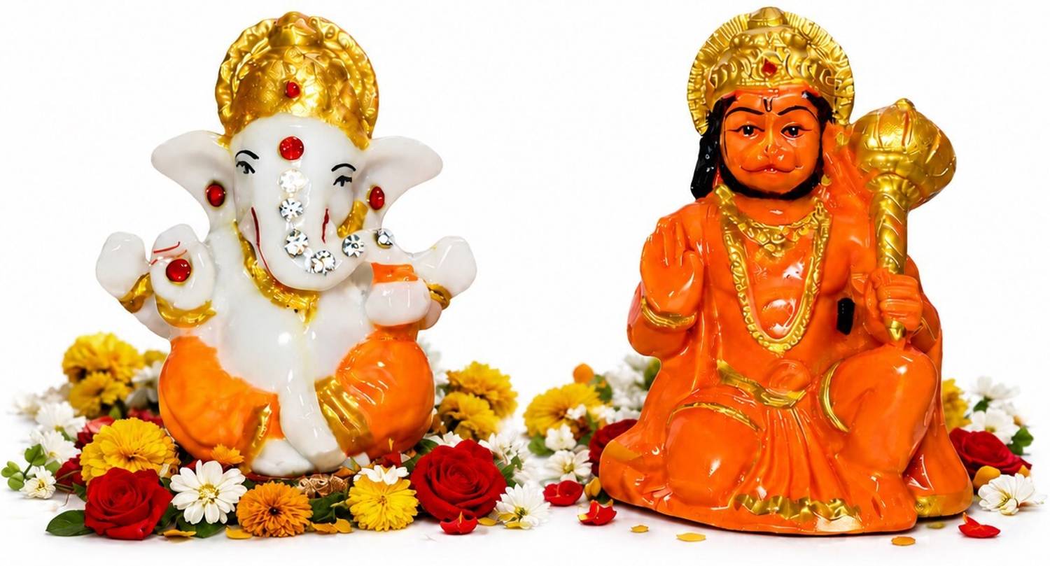 goodcollection Ganesh Hanuman Ji Murti Combo for Mandir Car Dashboard Home Decor Decorative Showpiece - 8 cm