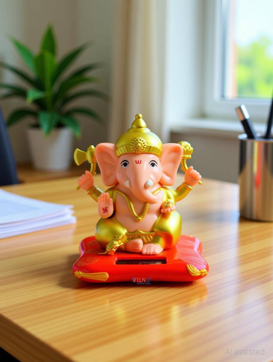 welno international Solar Ganesha Statue for Car Dashboard and Office |Solar Lord Ganesh ji Decorative Showpiece - 10 cm