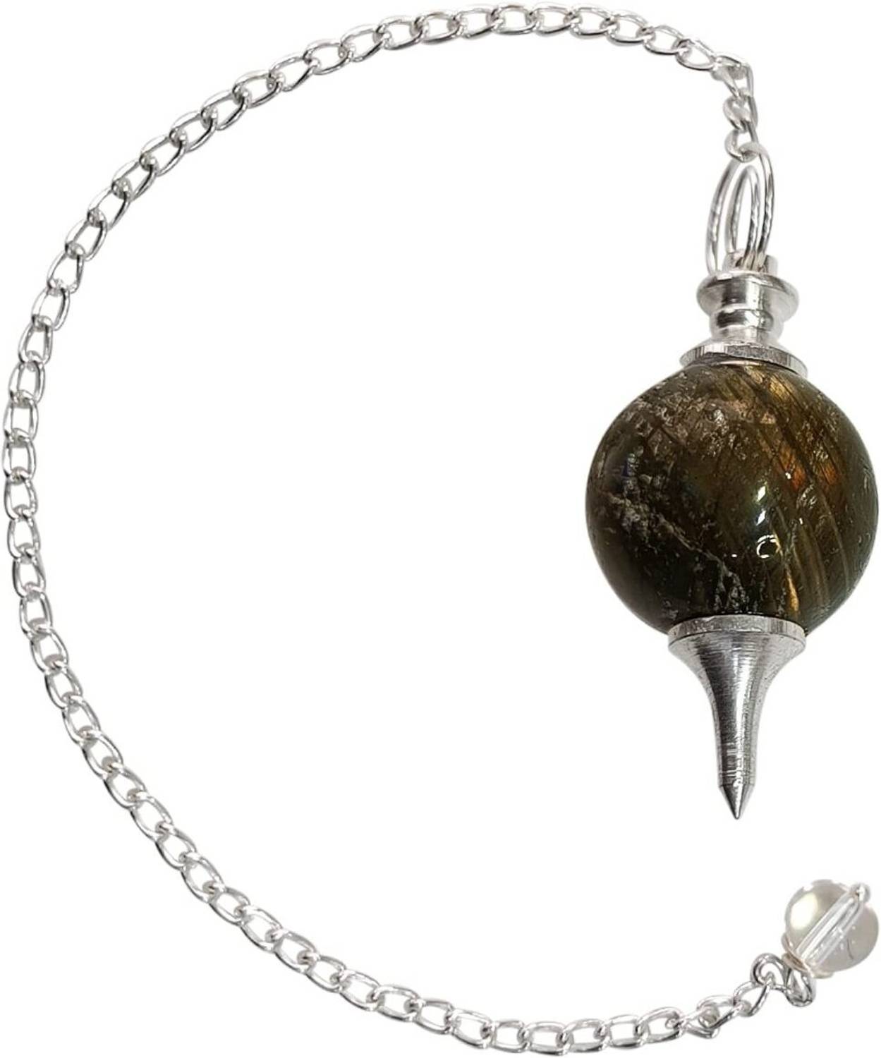 9dzine Labradorite Crystal Dowsing Ball Pendulum with Chain Beads for Reiki Healing Decorative Showpiece  -  20 cm