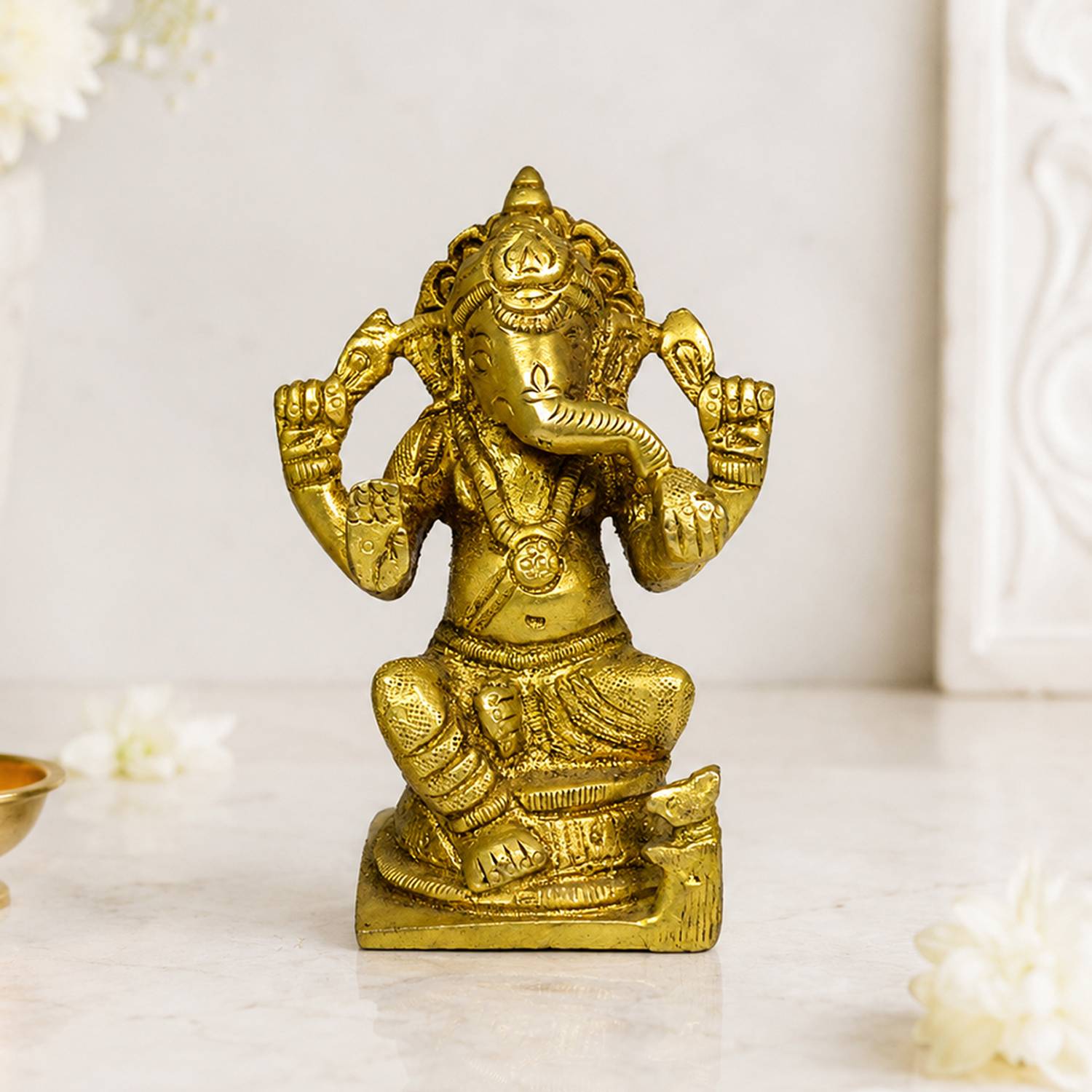 CRYSTU Brass Ganesh Ji Idol Small Size for Home Mandir Pooja Decor and Gift 350 g Decorative Showpiece  -  8 cm
