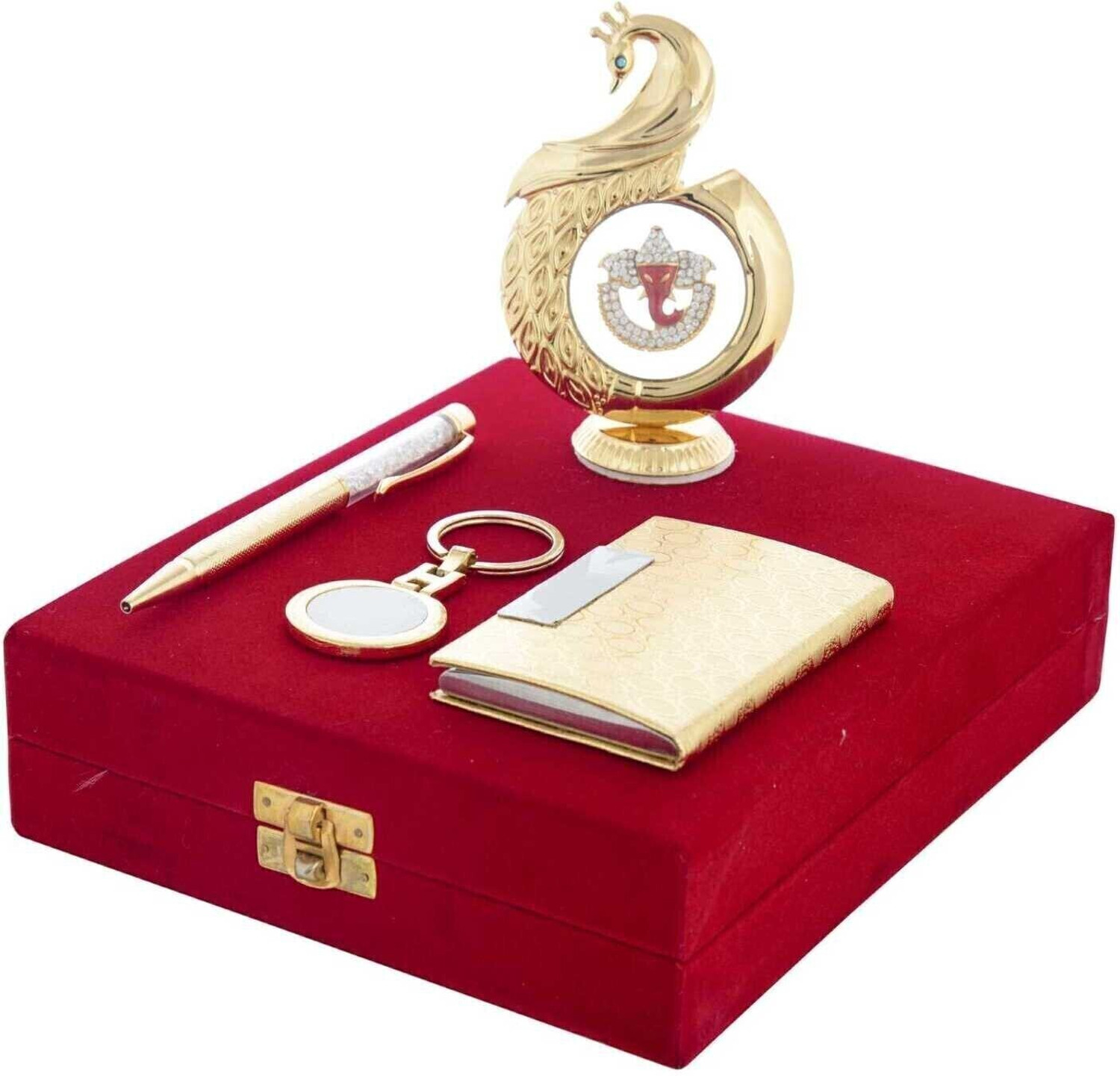 Image of INTERNATIONAL GIFT Gold Plated Pen, Card Holder & Key Chain With Ganesh Face Idol | Gift Box Decorative Showpiece - 12 cm