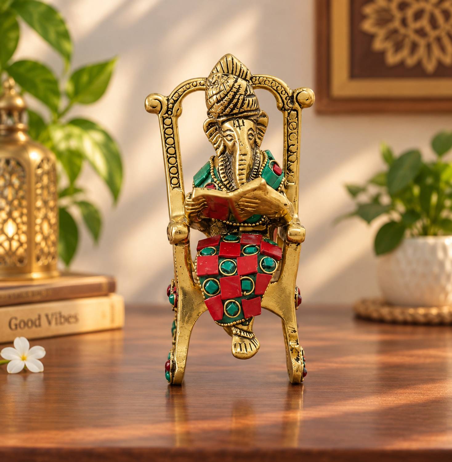 KridayKraft Modern Chair Ganesha Metal Staue Reading Ramayan with Stone Work Showpiece for Home,Office & Table Decorative Gift for Have House Warming, Birthday... Decorative Showpiece - 15 cm