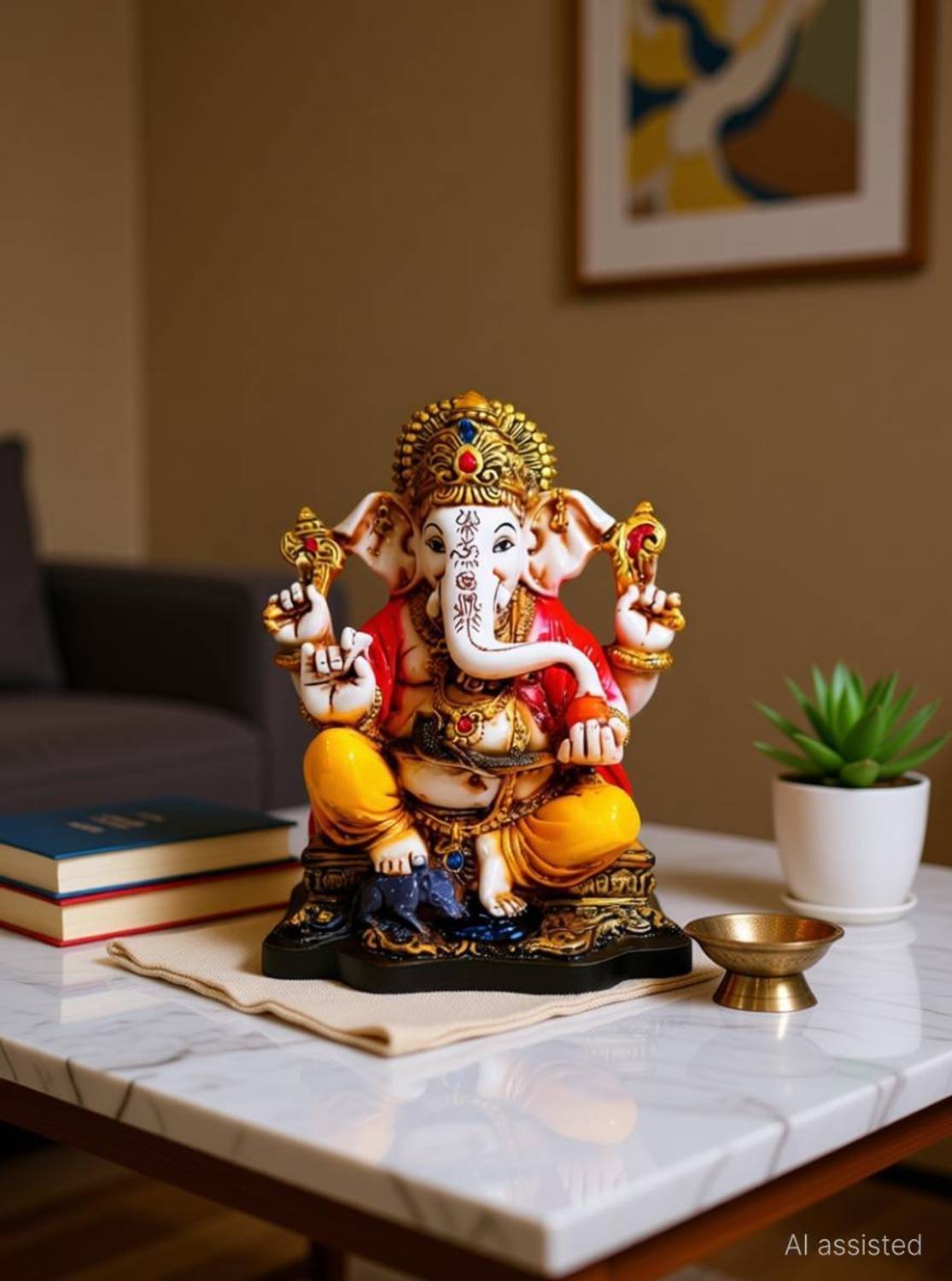 KRAAFTIQUE ARTS Handcrafted Marble Ganesh Idol for Puja & Decor Decorative Showpiece - 18 cm