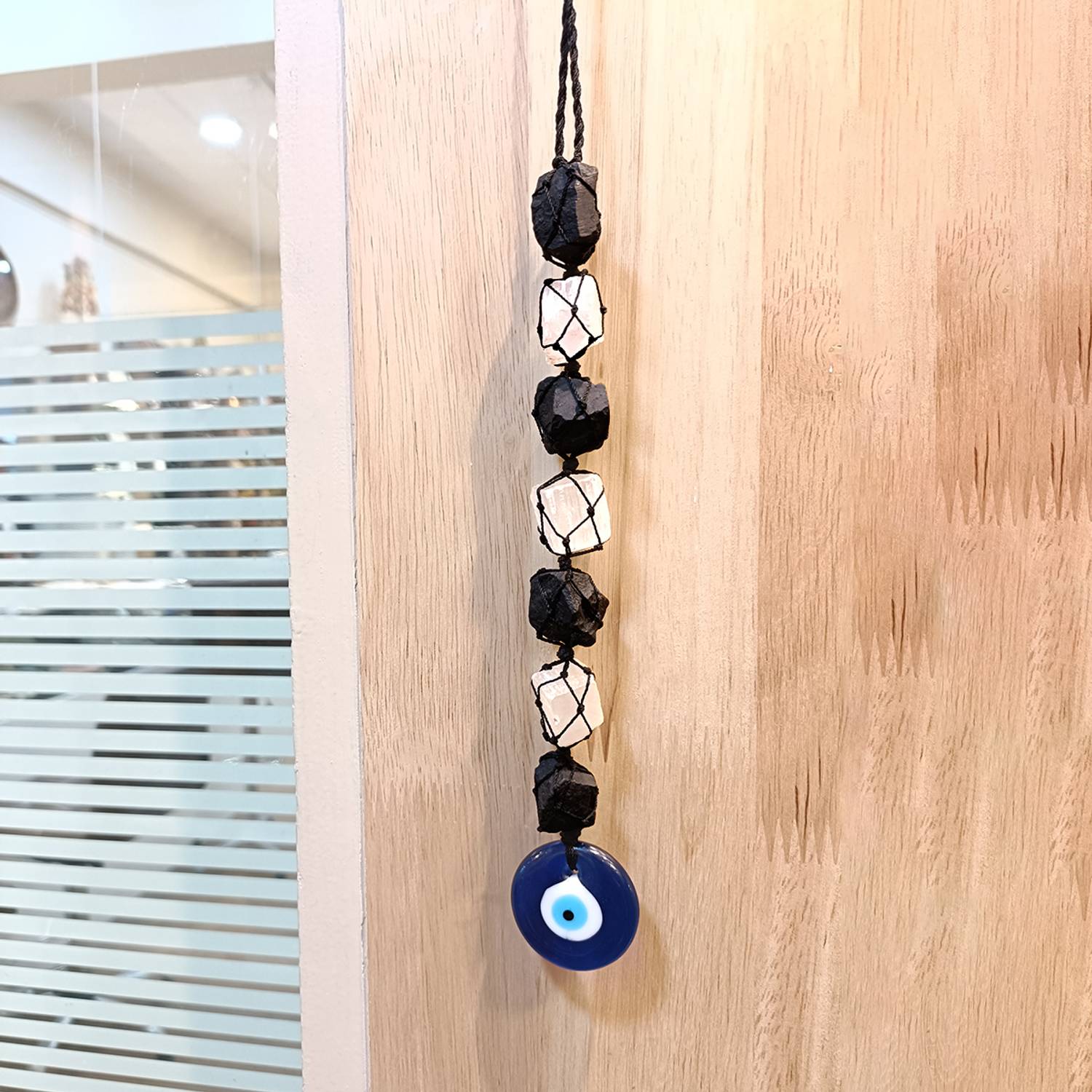 9dzine Black Tourmaline Selenite Rought Chunks Evil Eye Hanging for Home Decor Car Wall Decorative Showpiece  -  20 cm