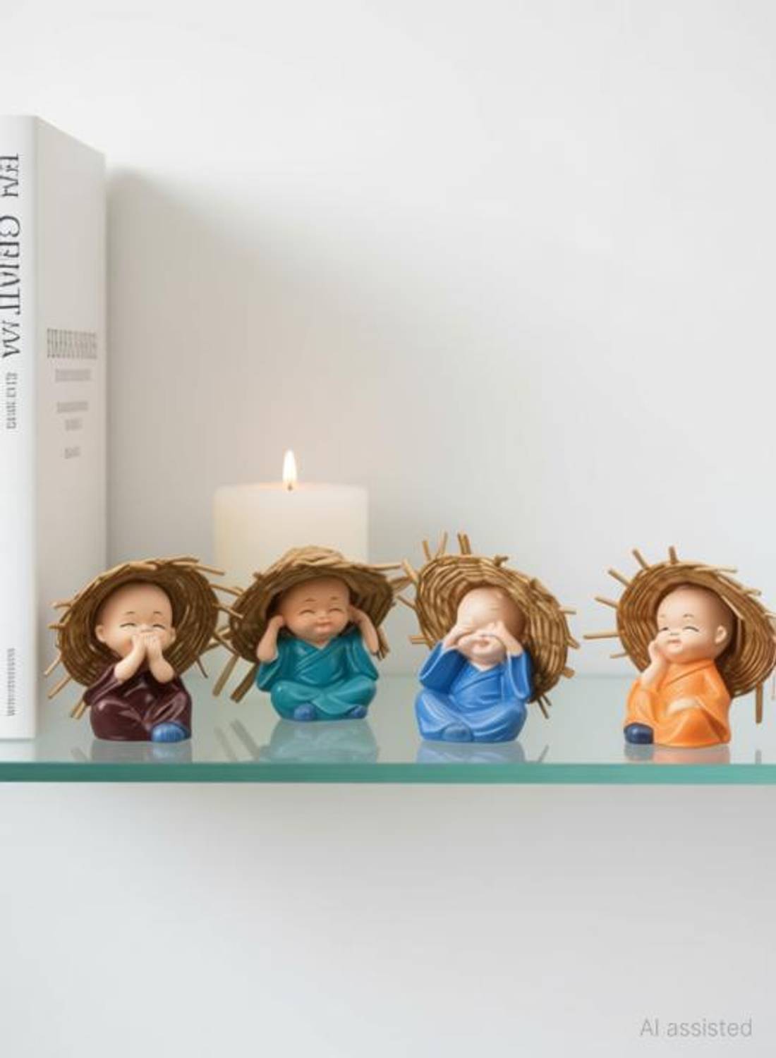 BHATIA Bhatia Set of 4 Baby Cap/Hat Monk Buddha Laughing Statue for Home Office Feng Shui Showpiece Idol Gift Decorative Showpiece - 6 cm (Polyresin, Multicolor) Decorative Showpiece  -  6 cm