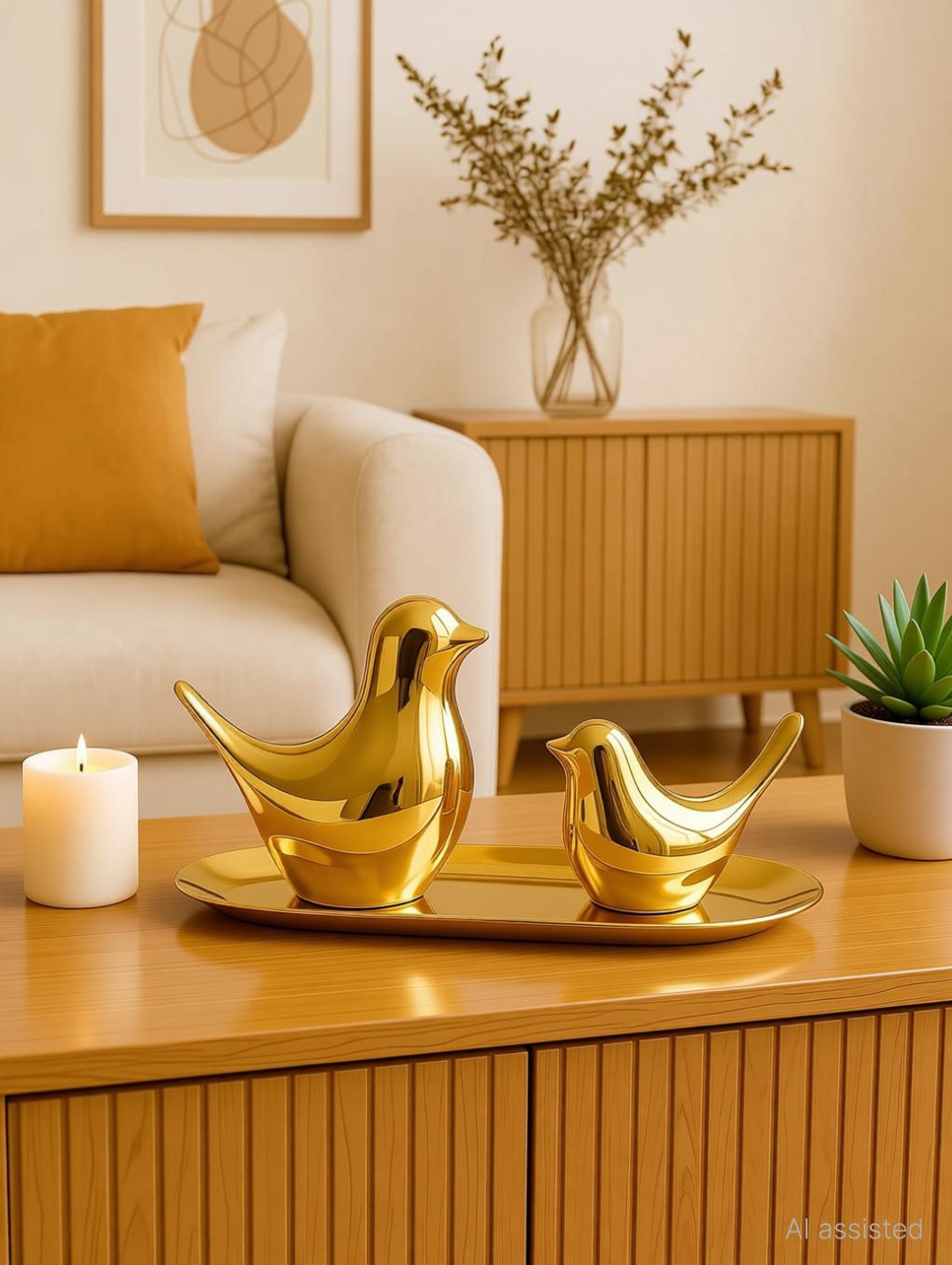 Image of ROHENIX Golden Bird Figurines Set of 2 Modern Polished Gold Ceramic /Resin Decorative Showpiece - 15 cm