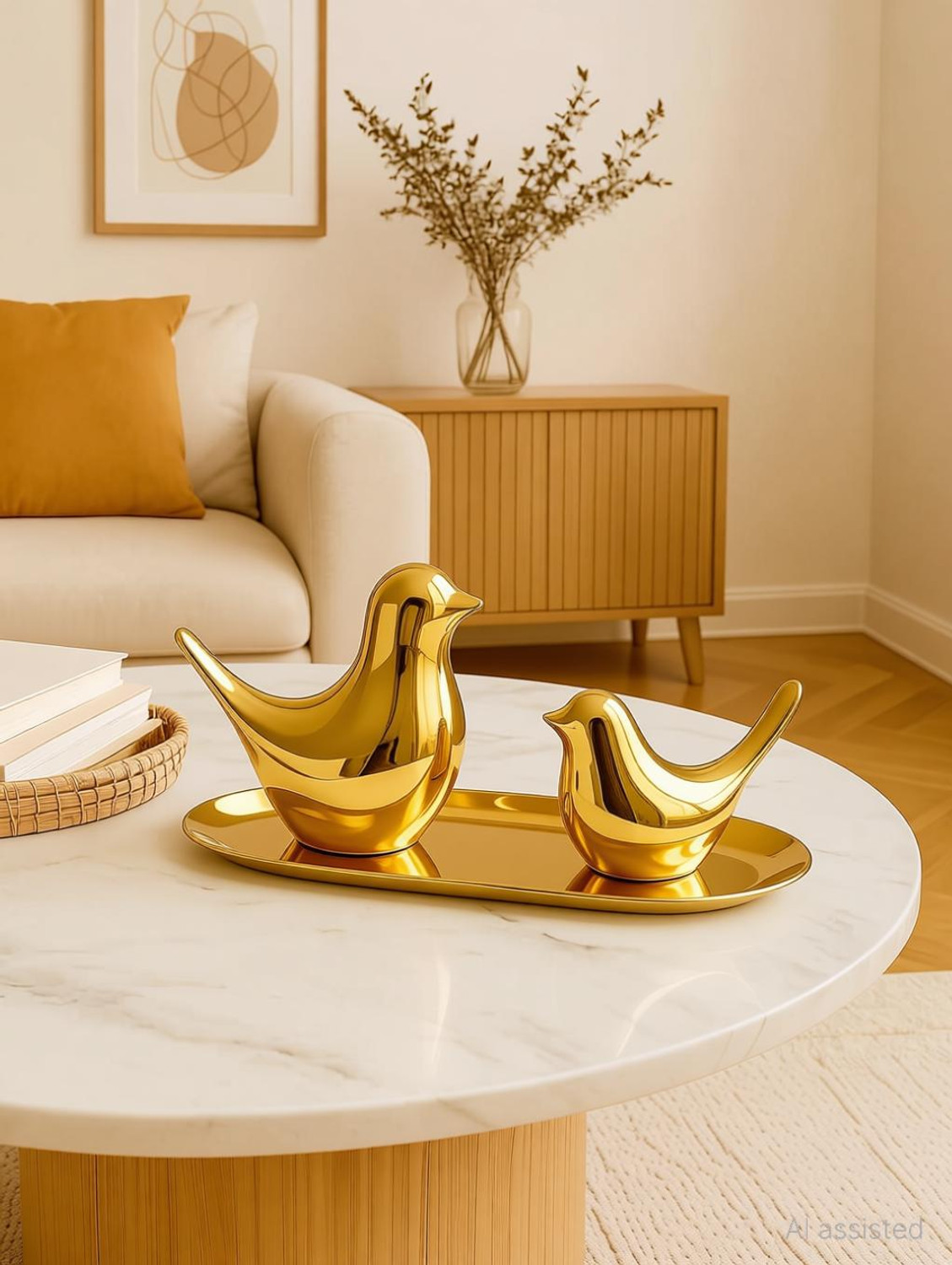 Image of ROHENIX Golden Bird Figurines Set of 2 Modern Polished Gold Ceramic /Resin Decorative Showpiece - 15 cm