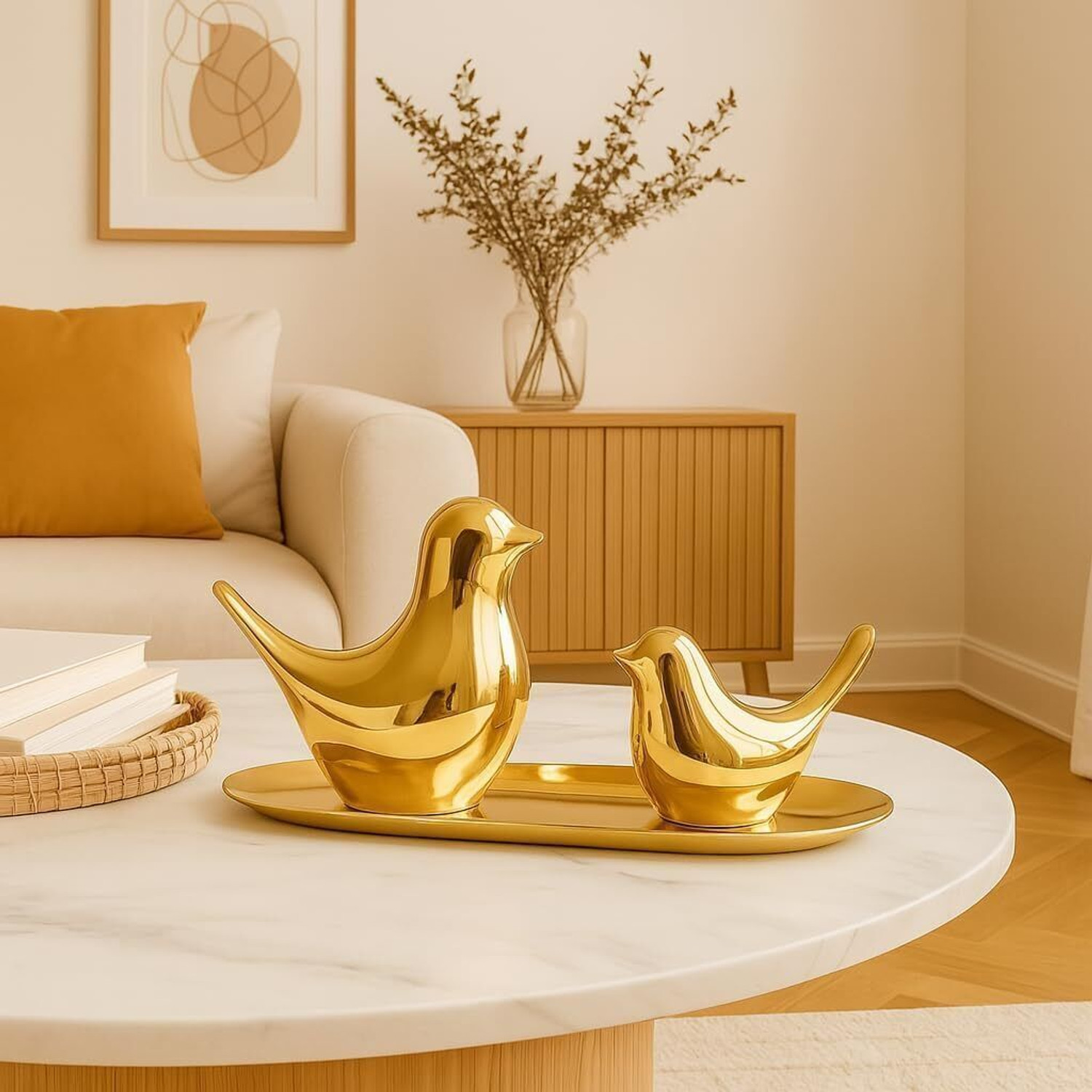 Image of ROHENIX Golden Bird Figurines Set of 2 Modern Polished Gold Ceramic /Resin Decorative Showpiece - 15 cm