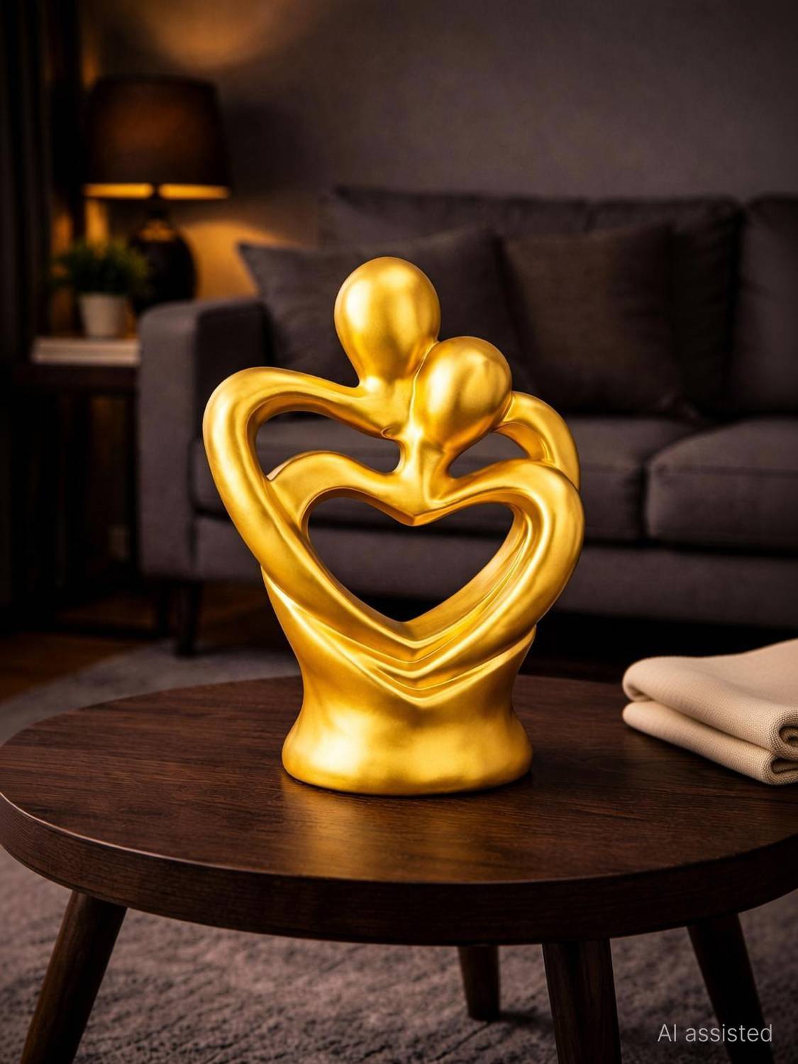 aabco Golden Heart Couple Figurine Interior Accent for Gifting Decorative Showpiece  -  21 cm