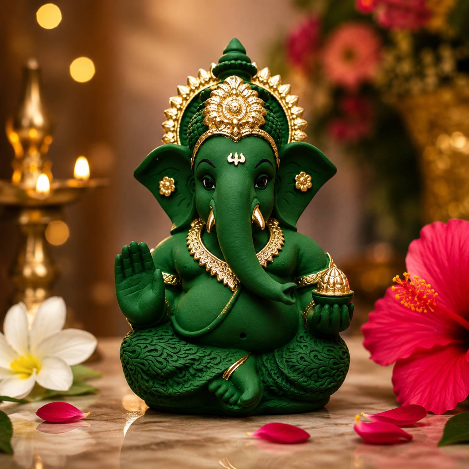 The divinity store Green Lord Ganesha Idol for Home Temple, Car Dashboard & Office Desk Decorative Showpiece - 8.92 cm