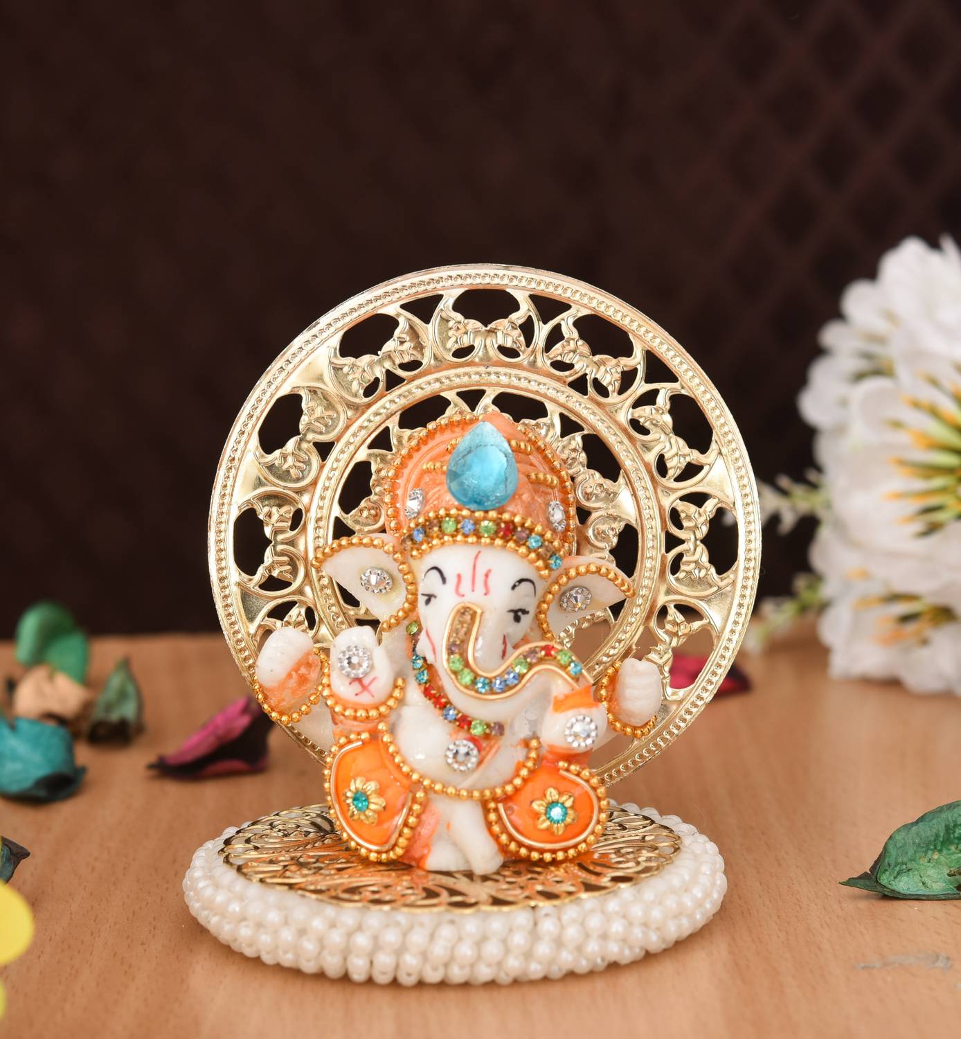 UniqueArt Ganesha Idol On Decorative Rose Flower Plate- for Home Decor Car Dashboard Decorative Showpiece - 7 cm
