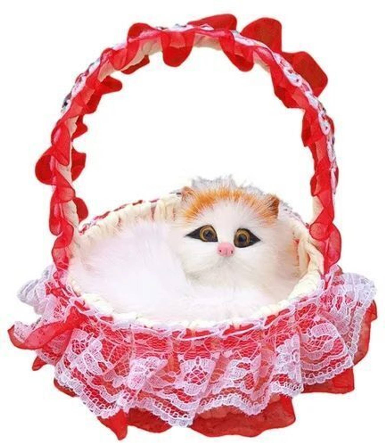 Beyondecor Soft Kitten Showpiece Toy in Lace Hanging Basket with LED Lights & Sound Decorative Showpiece  -  13 cm