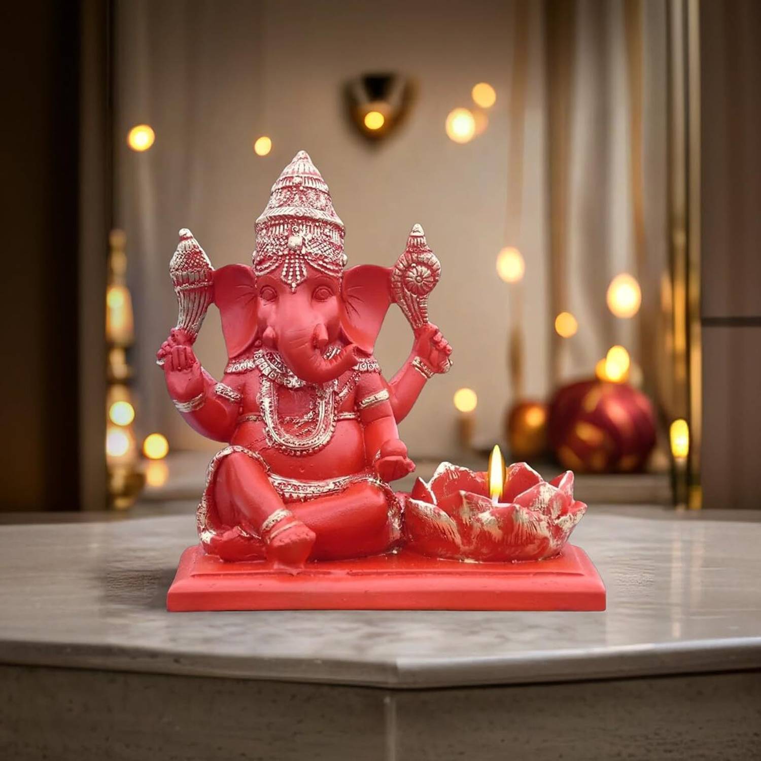 Saugat Traders Red Ganesh Idol with Diya for Home Decoration, Pooja - Ganesha Candle Holder Decorative Showpiece - 14 cm