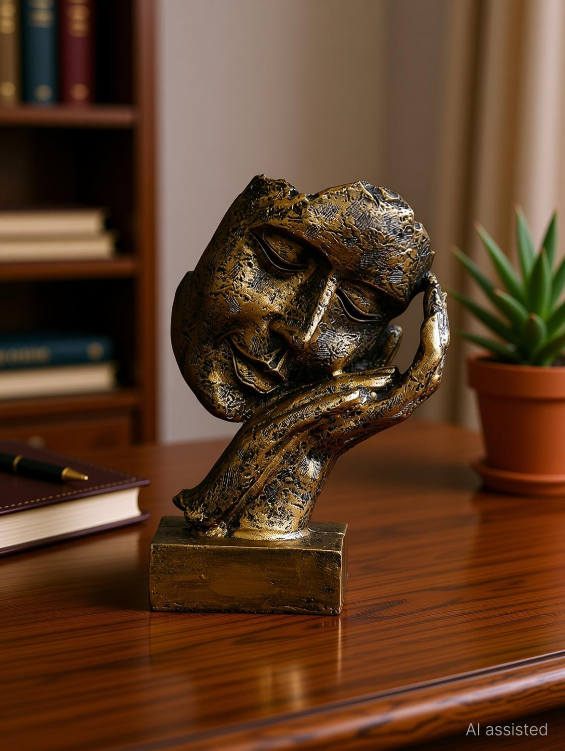 Image of DAY CREATION DAY CREATION Antique Look Human Face Resting On Hands Handcrafted Polyresien Decorative Showpiece - 21 cm