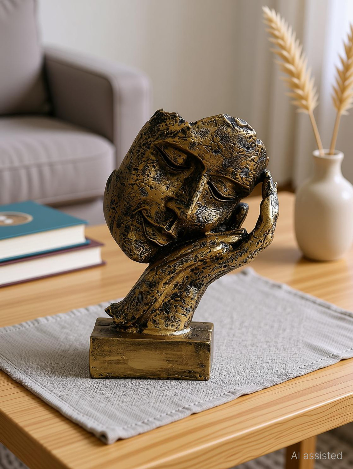 Image of DAY CREATION DAY CREATION Antique Look Human Face Resting On Hands Handcrafted Polyresien Decorative Showpiece - 21 cm