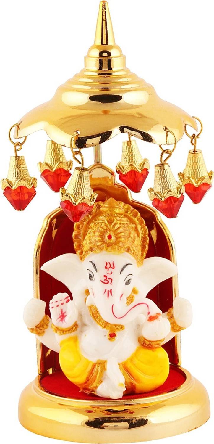 jagriti enterprise marble ganpati idol with gold plate umbrella for car mandir decor Decorative Showpiece - 14.986 cm