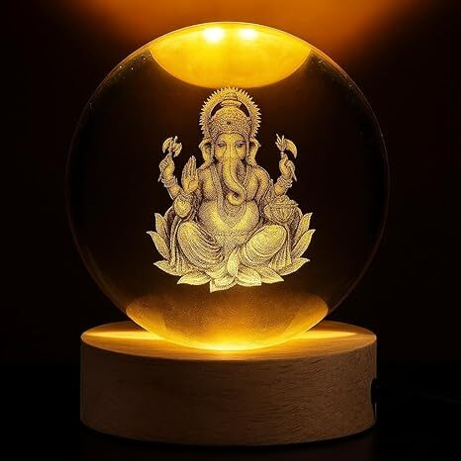 Image of tej 3D Crystal Ganesh Ji Lamp Engraved LED Globe Lamp, USB Wooden Base Decorative Showpiece - 6 cm (Crystal, Clear)