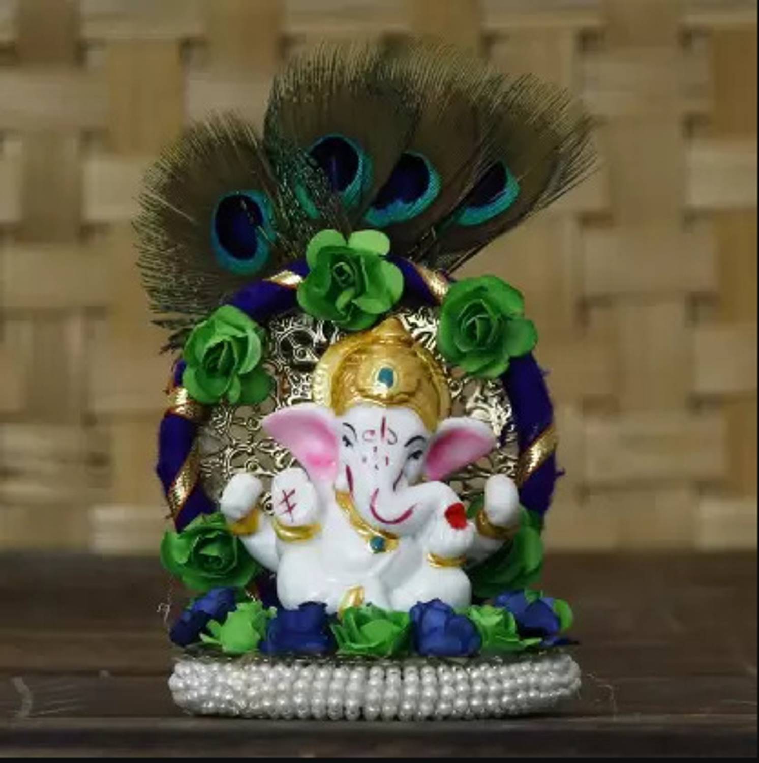 eCraftIndia Lord Ganesha Idol on Handcrafted Floral Plate with Peacock Feather ( Pack of 2) Decorative Showpiece - 13 cm