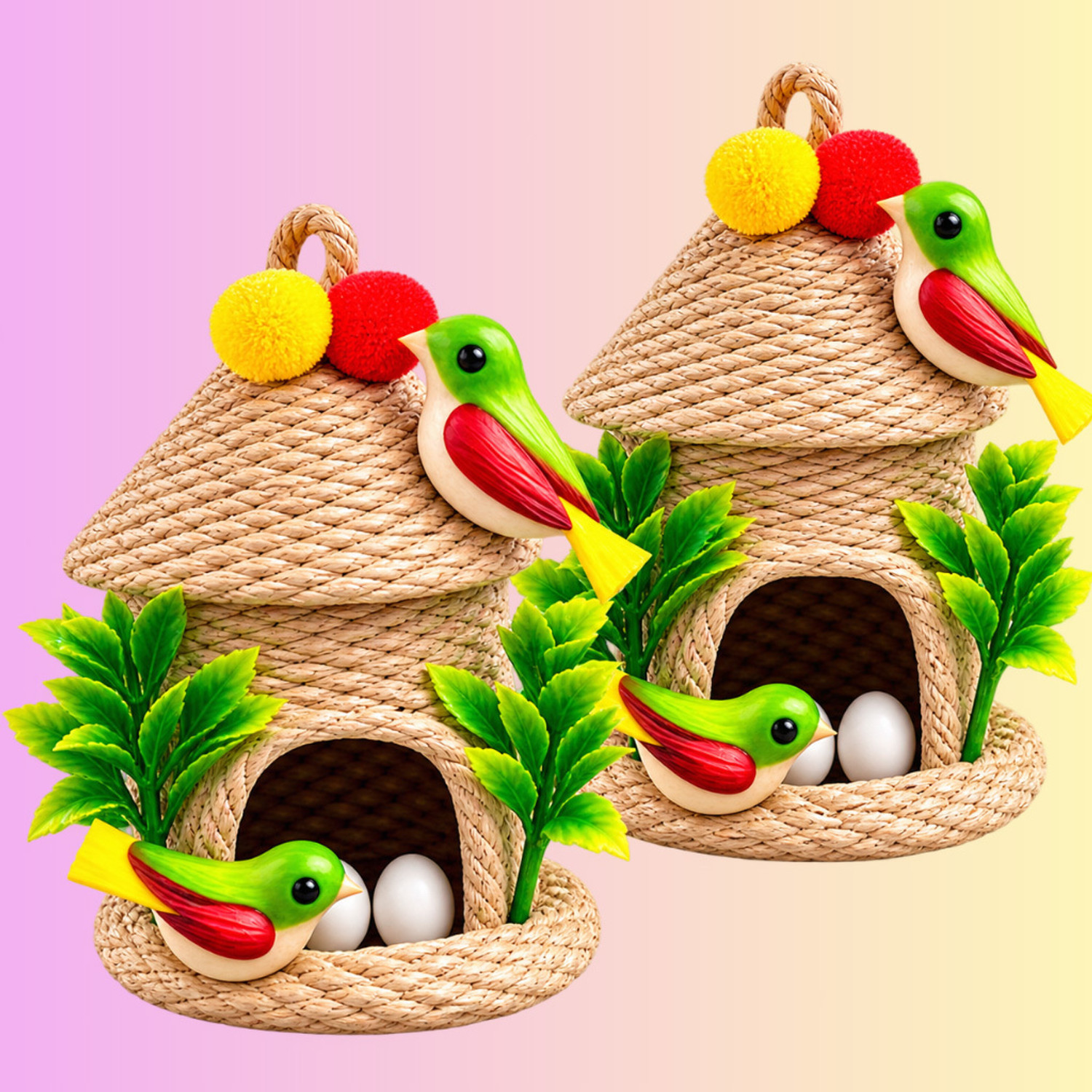 Image of Hareshwar Collections Colorful Bird Nest House Home Accent Pack of 2 Decorative Showpiece - 20 cm