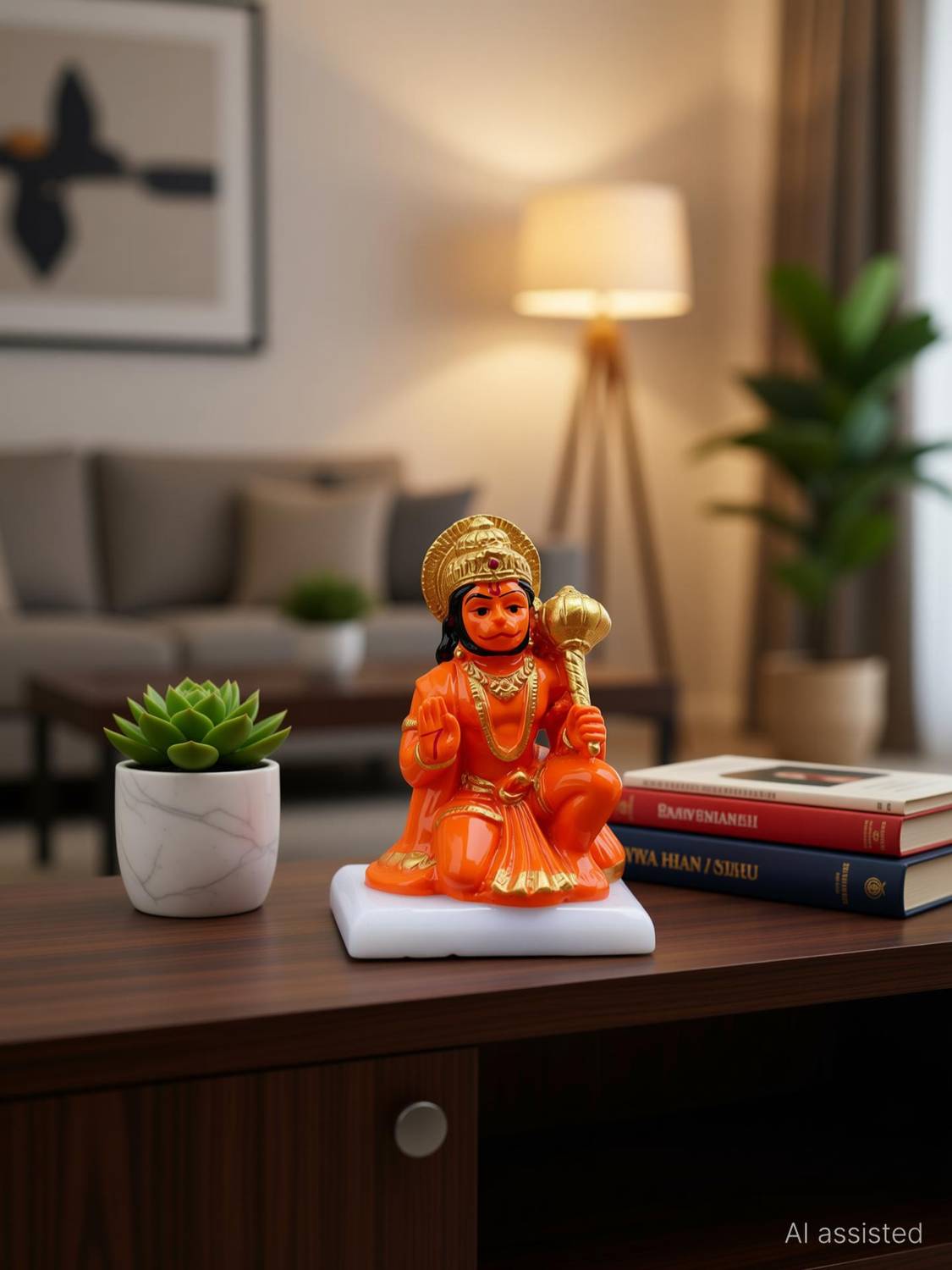 BHAVYA Hanuman Statue /Murti/ Idol Marble Finish (Polyresin, Clear) Decorative Showpiece  -  11 cm