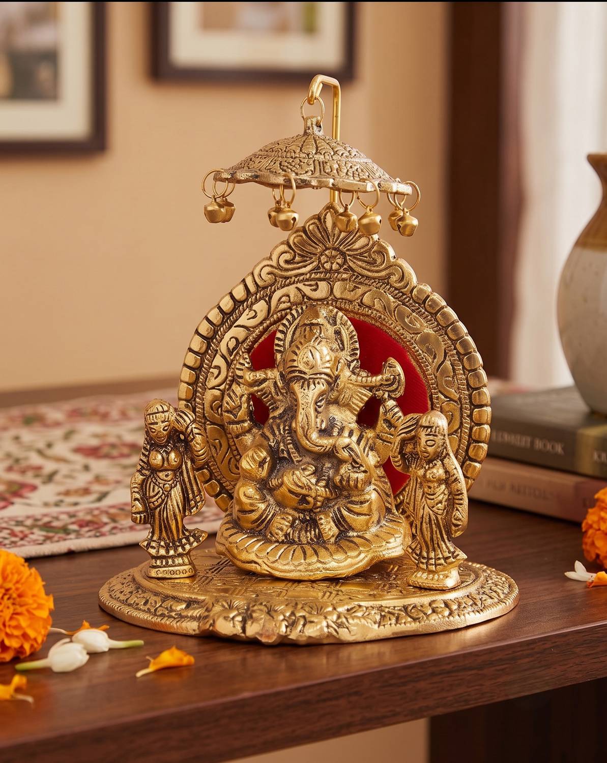 KridayKraft Riddhi Shiddhi Ganesha Metal Statue for Temple Pooja,Ganesh Murti Decorative Your Home,Office & Religious Gift Article,Ganpati Bappa Sculpture,Religious idol,Sowpiece Figurine,Gift Article... Decorative Showpiece - 13 cm