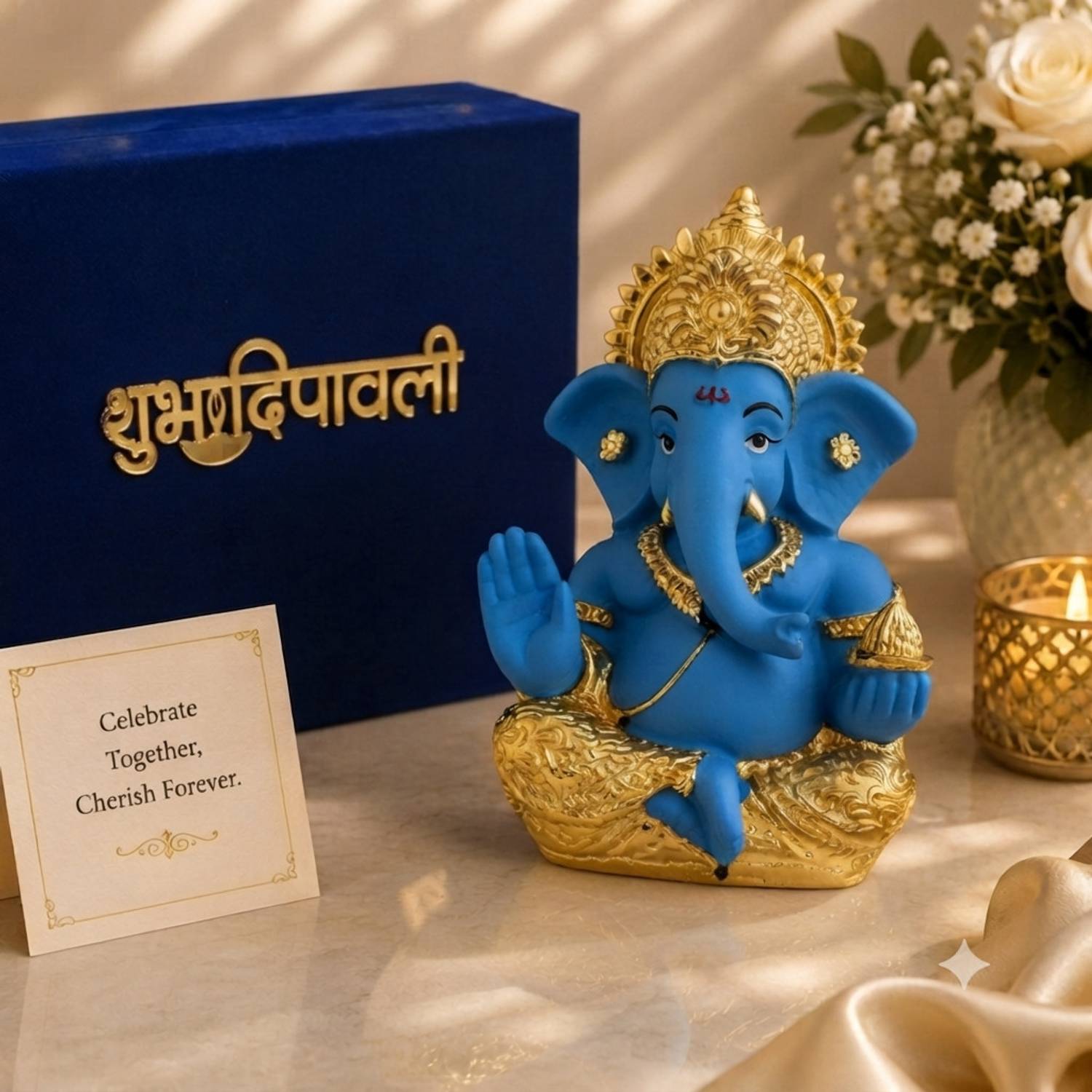 STARLIGHT Resin Ganpati Idol Blue, Gold Plated, Velvet Box, Bag & Diwali Tag Decorative Showpiece  -  5 cm
