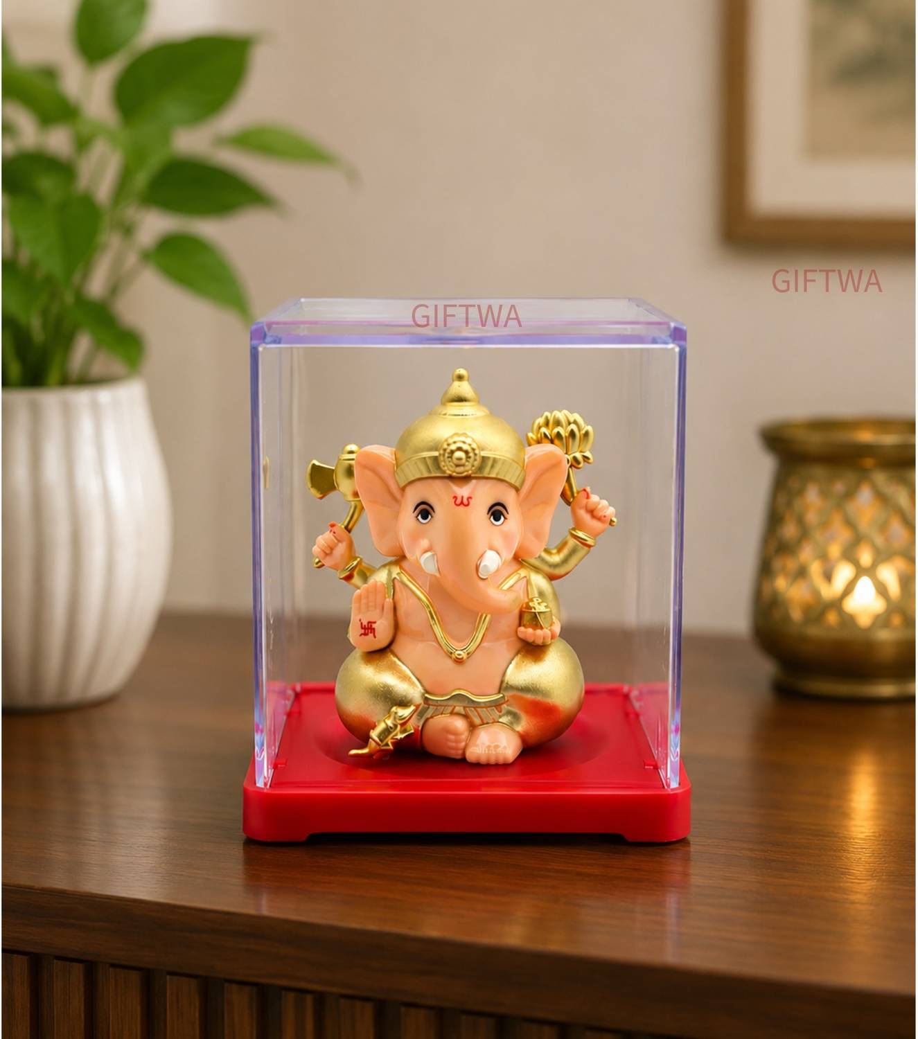 GIFTWA Ganesh Ji Idol with Automatic Hand Movement| Home Temple, Office Desk Decor Decorative Showpiece - 7 cm