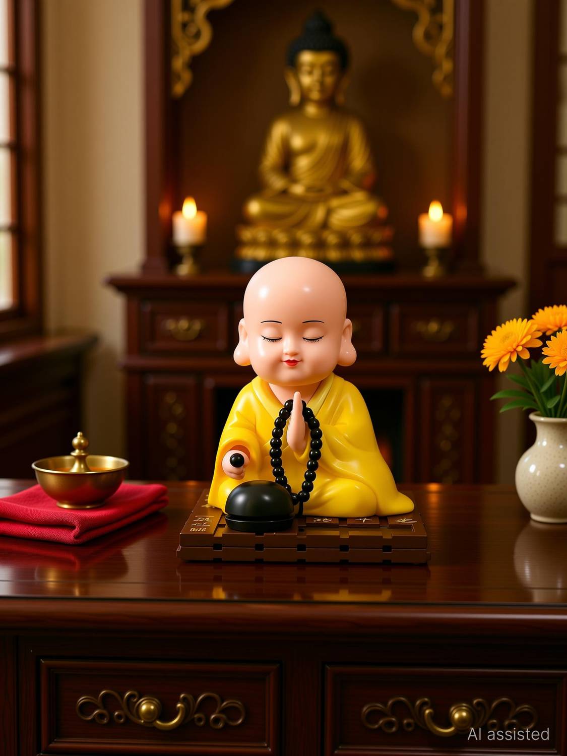 sculpmart Solar Buddha Moving Head & Hand For Car & Home With Auto ON/OFF With Light Decorative Showpiece  -  10 cm