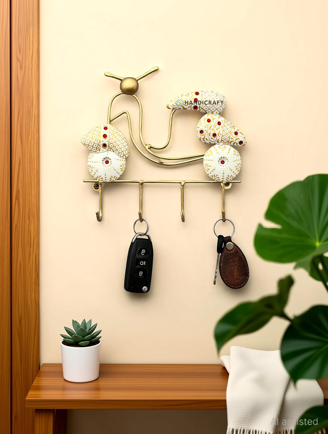 Image of Handicrafy Wall Hanging White Metal Scooter Key Holder Decorative Showpiece - 23 cm