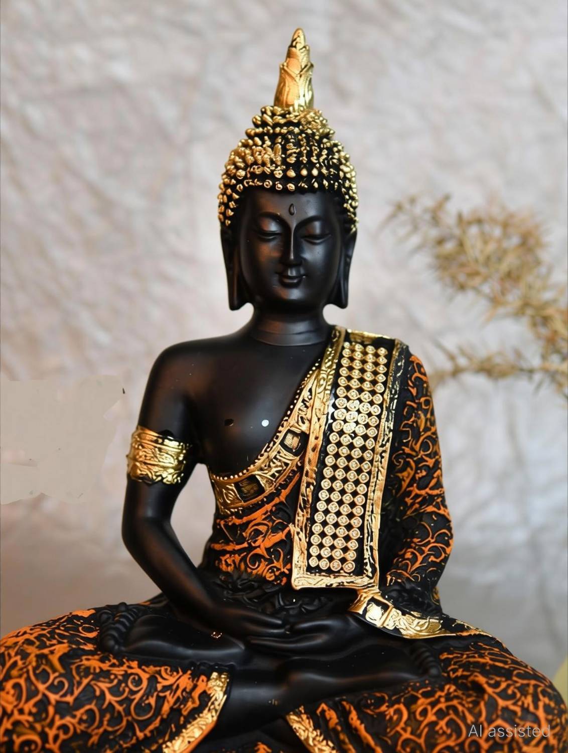 Advika Handicraft Polyresin Sitting Buddha Idol Statue Showpiece for Home Decor Decoration and Gifting, 24CM, Orange and Black,1 Piece Decorative Showpiece  -  25 cm