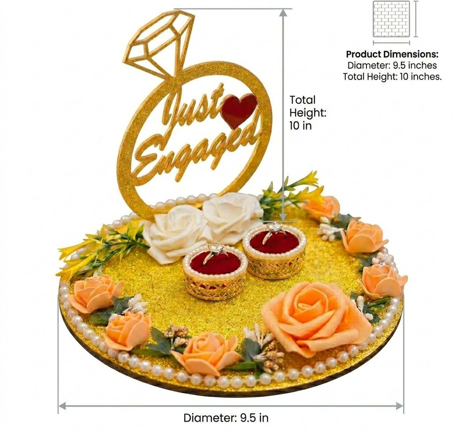 Image of Sara Unique Gift Just Engaged Floral Ring Platter (Gold) Decorative Showpiece - 23 cm